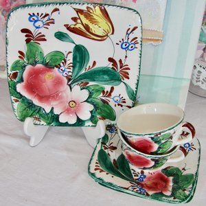 Vintage Hand-painted Italy Floral Pottery Lunch Set, Six Piece Lunch Set